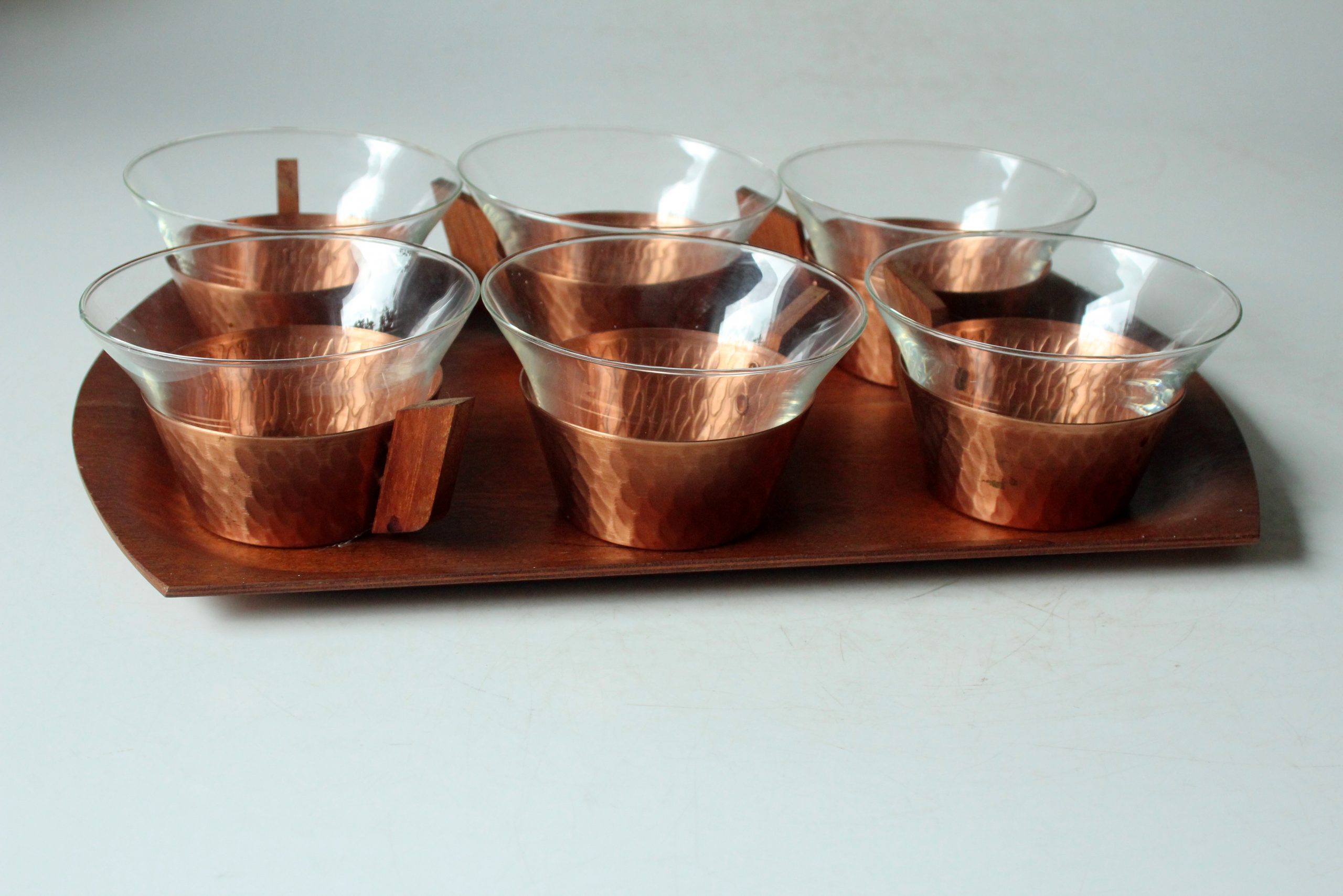 1950s - 6 glass tea cups in a copper stand with wooden handle - all on a wooden tray