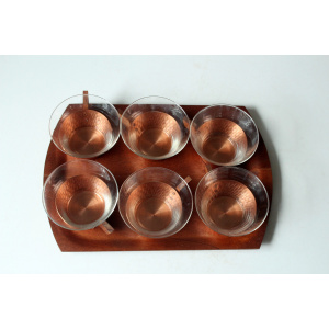 1950s - 6 glass tea cups in a copper stand with wooden handle - all on a wooden tray