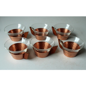 1950s - 6 glass tea cups in a copper stand with wooden handle - all on a wooden tray