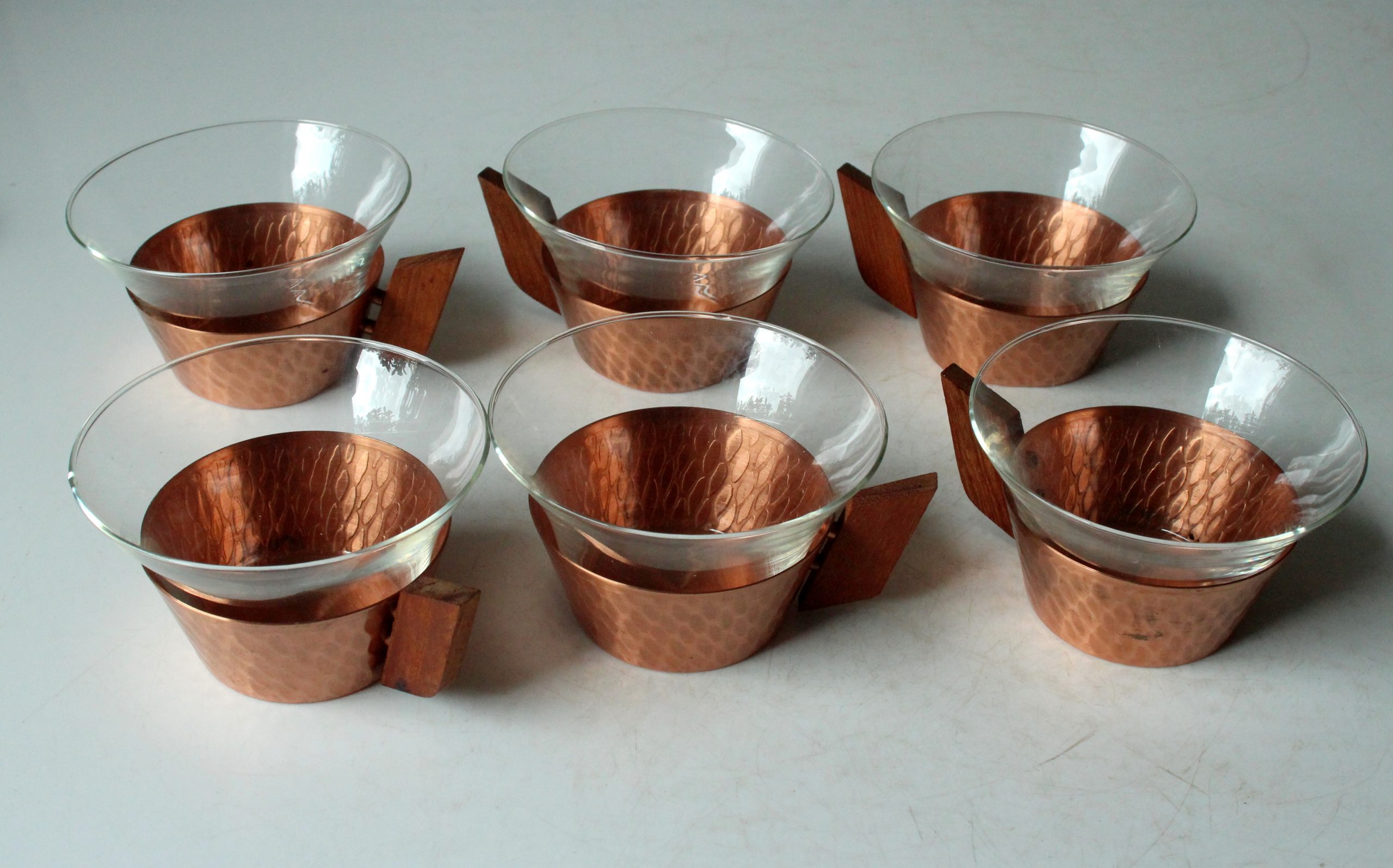 1950s - 6 glass tea cups in a copper stand with wooden handle - all on a wooden tray