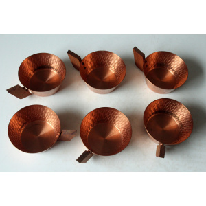 1950s - 6 glass tea cups in a copper stand with wooden handle - all on a wooden tray