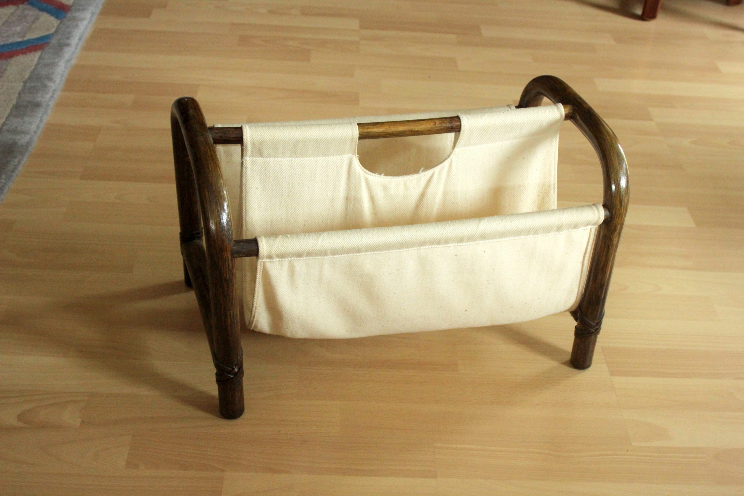 Magazine rack made of bamboo and fabric, vintage from the 1970s