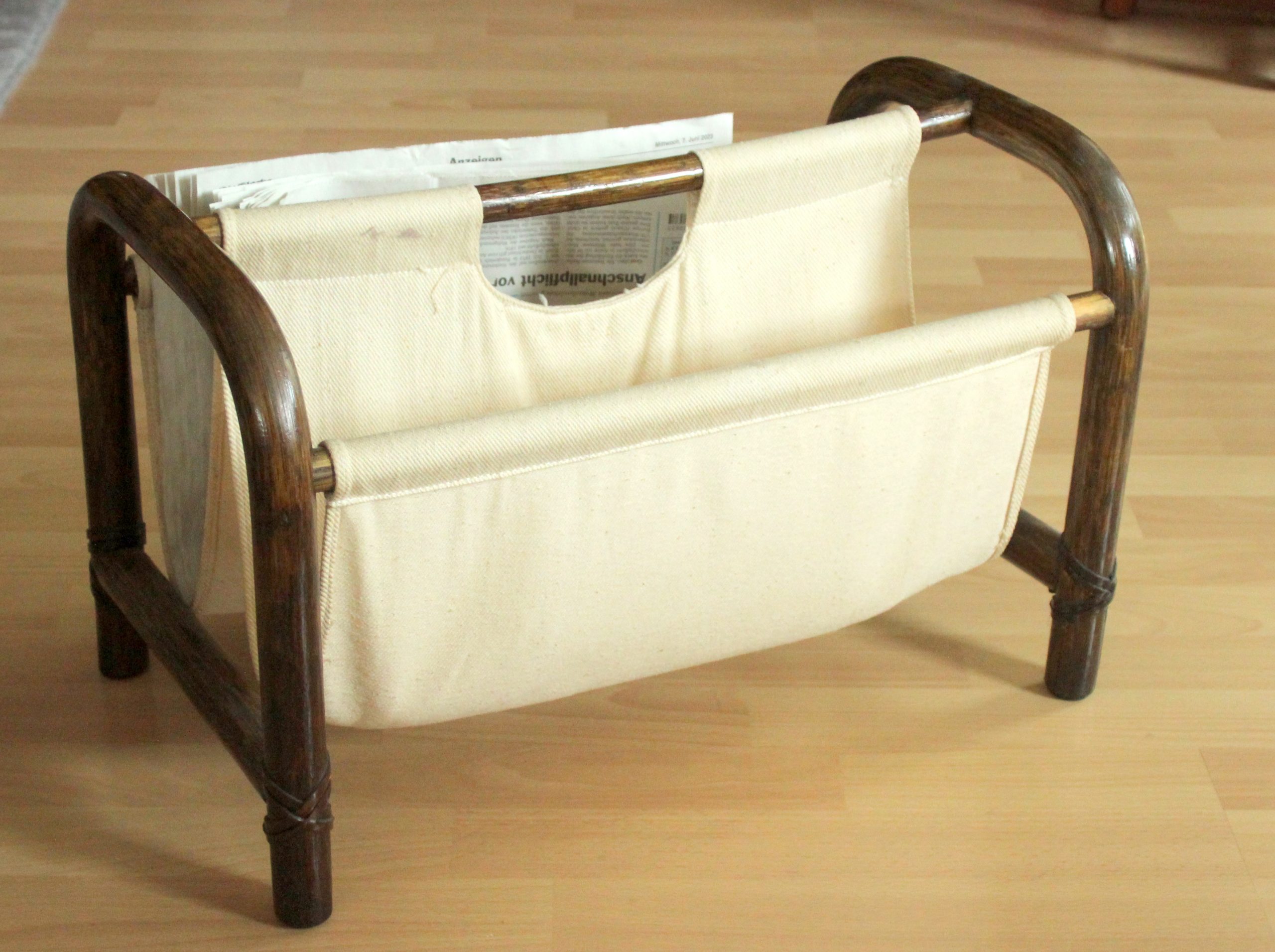 Magazine rack made of bamboo and fabric, vintage from the 1970s