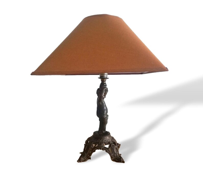 Antique French Art Nouveau bronze cupid statue table lamp