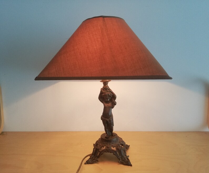 Antique French Art Nouveau bronze cupid statue table lamp