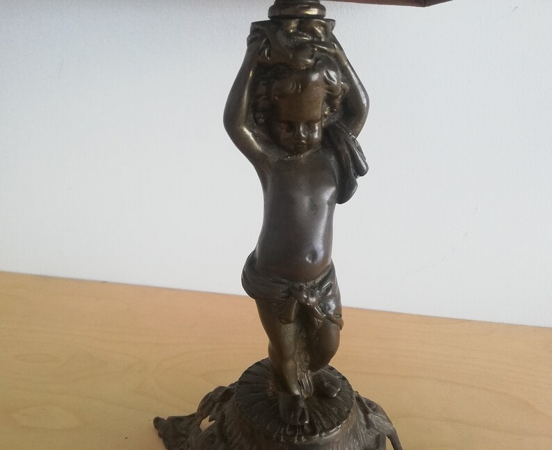 Antique French Art Nouveau bronze cupid statue table lamp