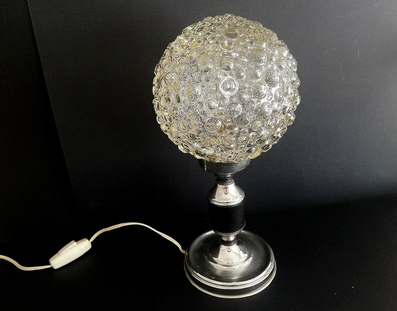 Chrome and clear bubble glass globe small bedsie table lamp