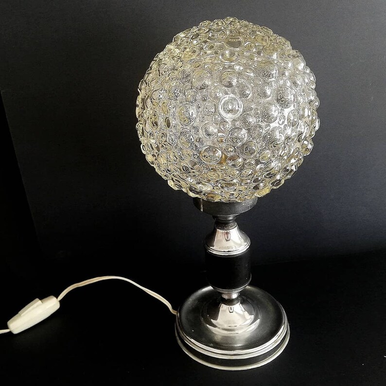 Chrome and clear bubble glass globe small bedsie table lamp