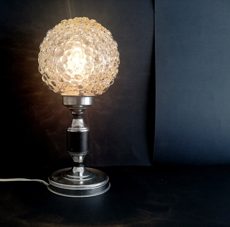 Chrome and clear bubble glass globe small bedsie table lamp