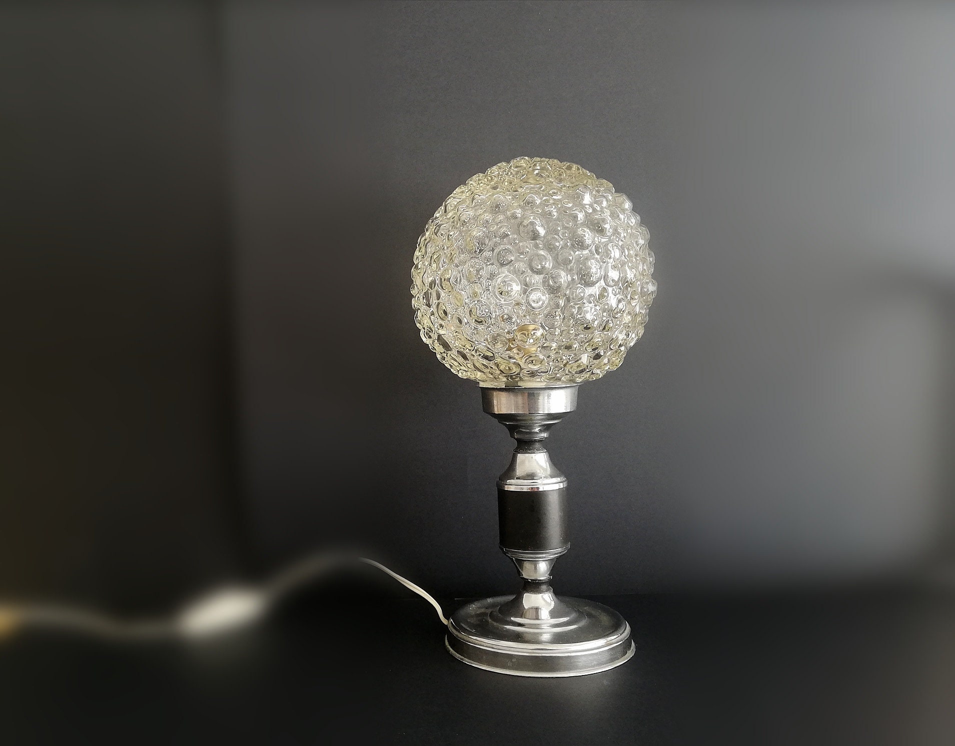 Chrome and clear bubble glass globe small bedsie table lamp