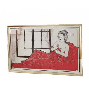 Large Art Deco nude painted gold framed rectangular wall mirror