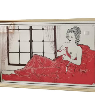 Large Art Deco nude painted gold framed rectangular wall mirror