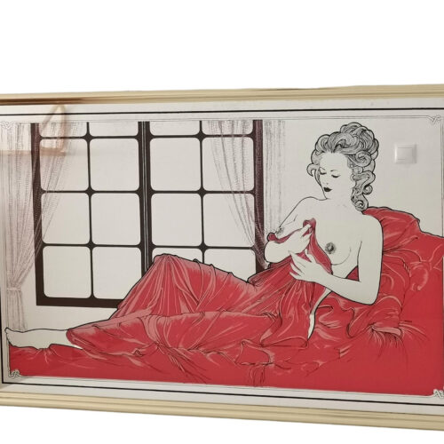Large Art Deco nude painted gold framed rectangular wall mirror