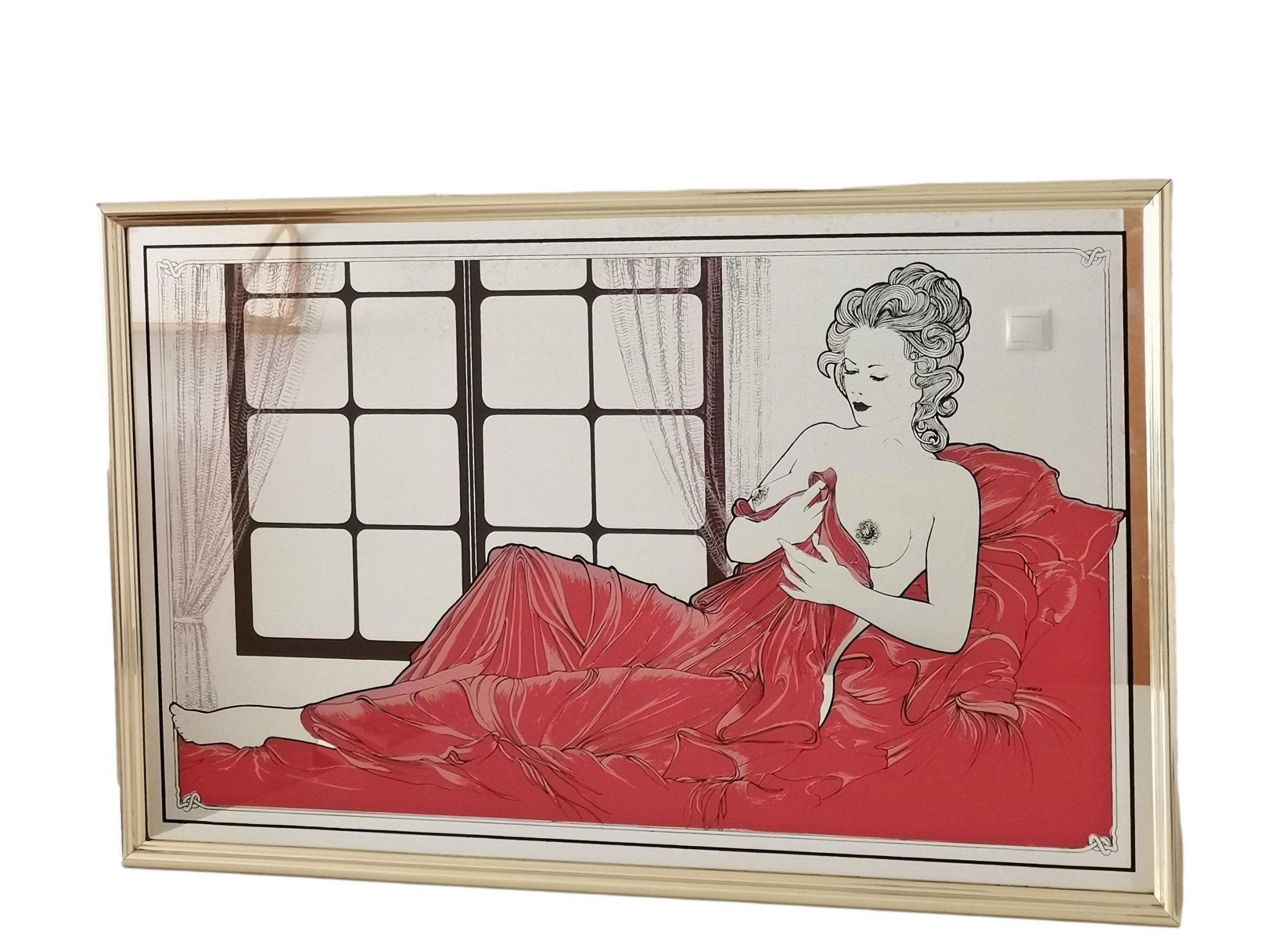 Large Art Deco nude painted gold framed rectangular wall mirror