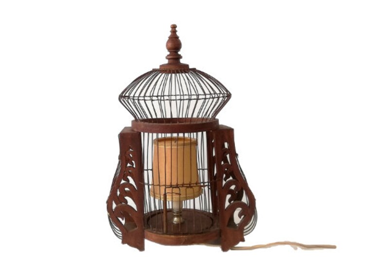 Large wood and wire Bird home cage table lamp farmhouse rustic