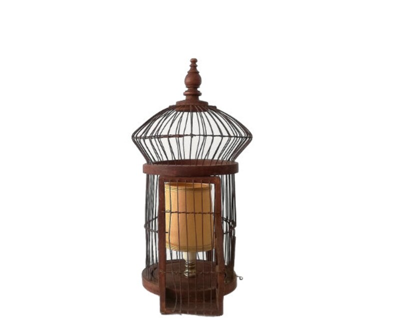 Large wood and wire Bird home cage table lamp farmhouse rustic