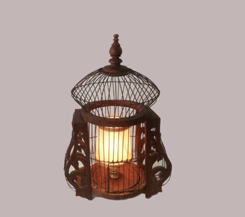 Large wood and wire Bird home cage table lamp farmhouse rustic