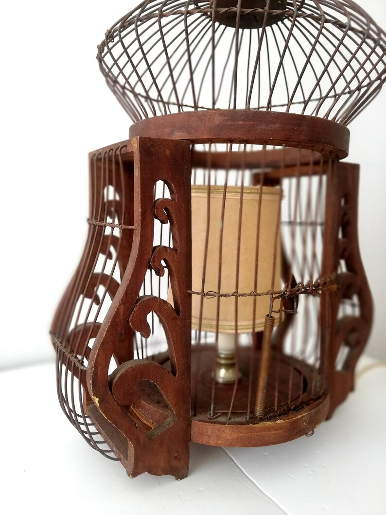 Large wood and wire Bird home cage table lamp farmhouse rustic