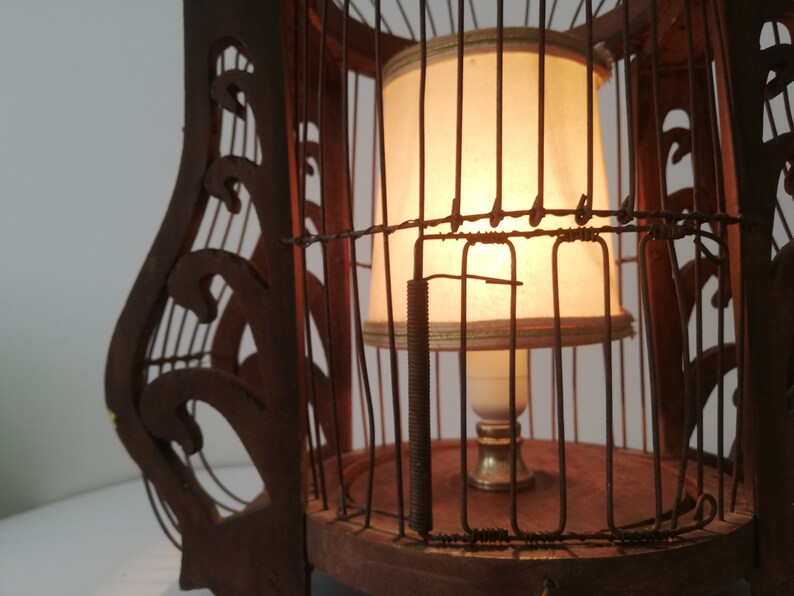 Large wood and wire Bird home cage table lamp farmhouse rustic