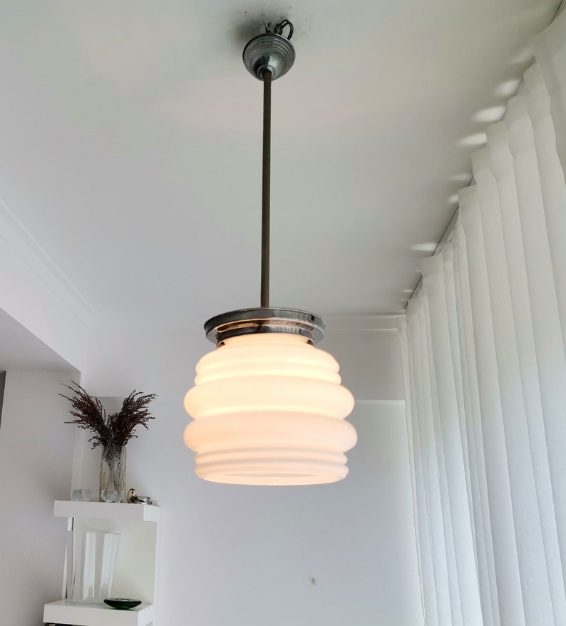 Mid Century modern light fixture opaline white milk glass Danish modern ceiling lamp