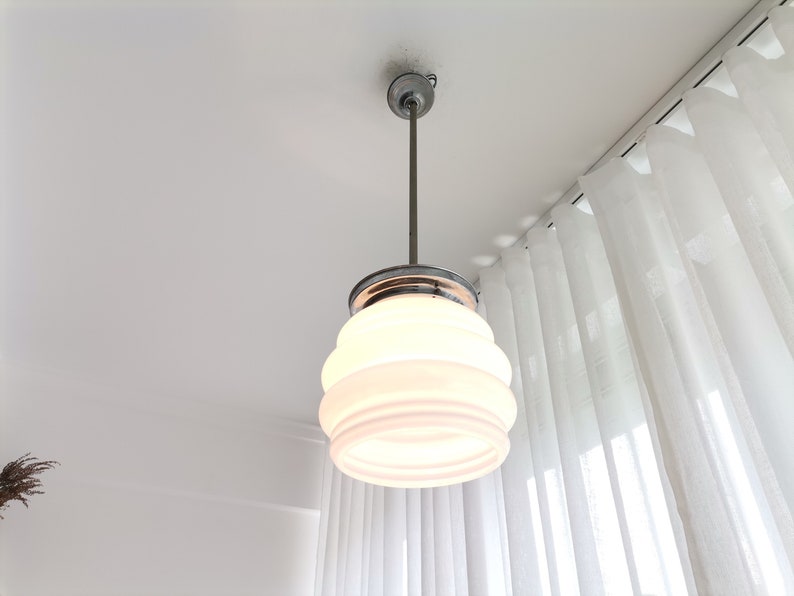 Mid Century modern light fixture opaline white milk glass Danish modern ceiling lamp