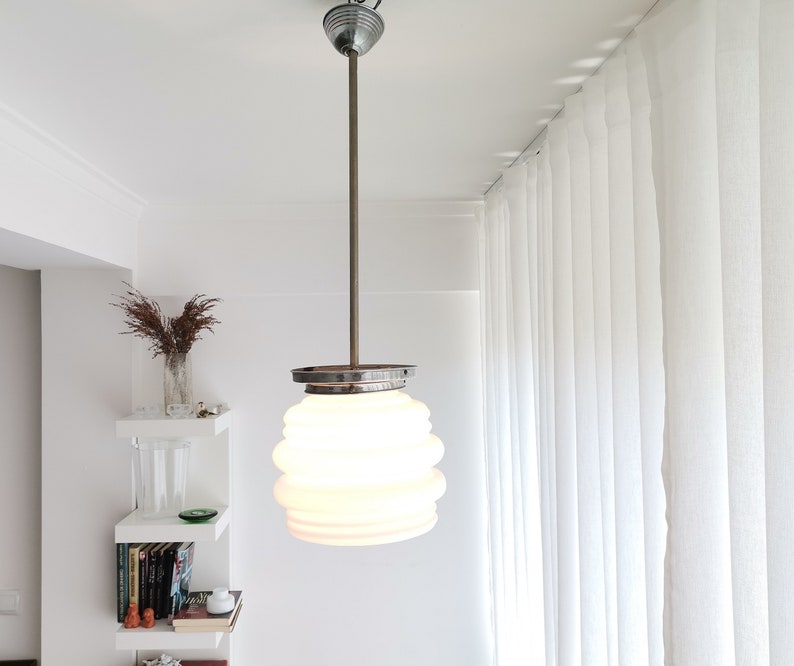 Mid Century modern light fixture opaline white milk glass Danish modern ceiling lamp