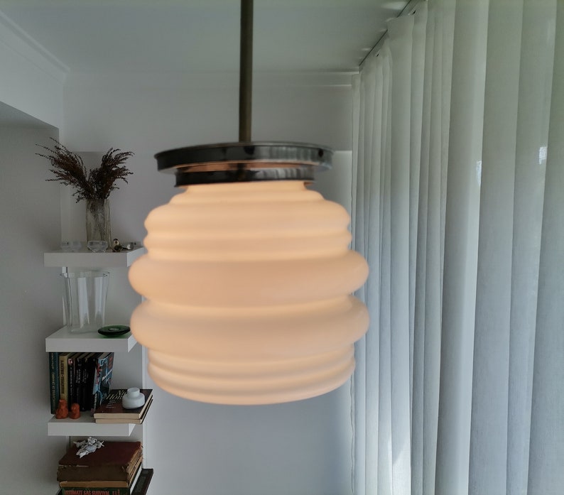 Mid Century modern light fixture opaline white milk glass Danish modern ceiling lamp