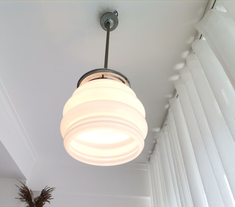 Mid Century modern light fixture opaline white milk glass Danish modern ceiling lamp