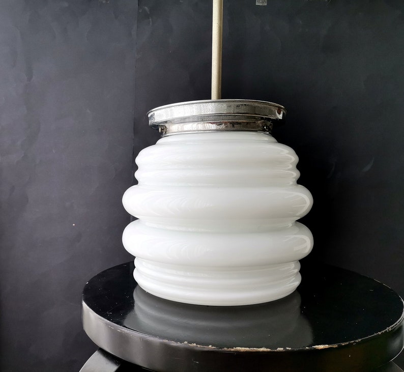 Mid Century modern light fixture opaline white milk glass Danish modern ceiling lamp