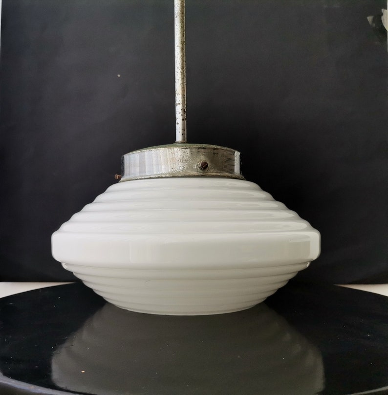 Mid Century opaline milk glass hanging lamp in Art Deco Style