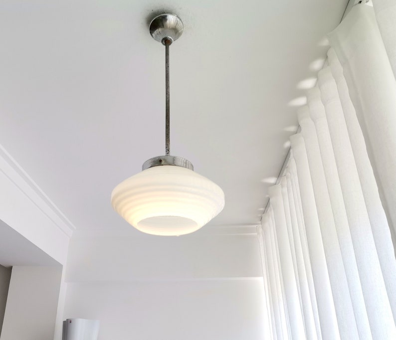 Mid Century opaline milk glass hanging lamp in Art Deco Style