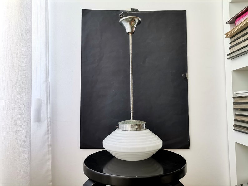 Mid Century opaline milk glass hanging lamp in Art Deco Style