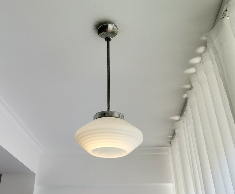 Mid Century opaline milk glass hanging lamp in Art Deco Style
