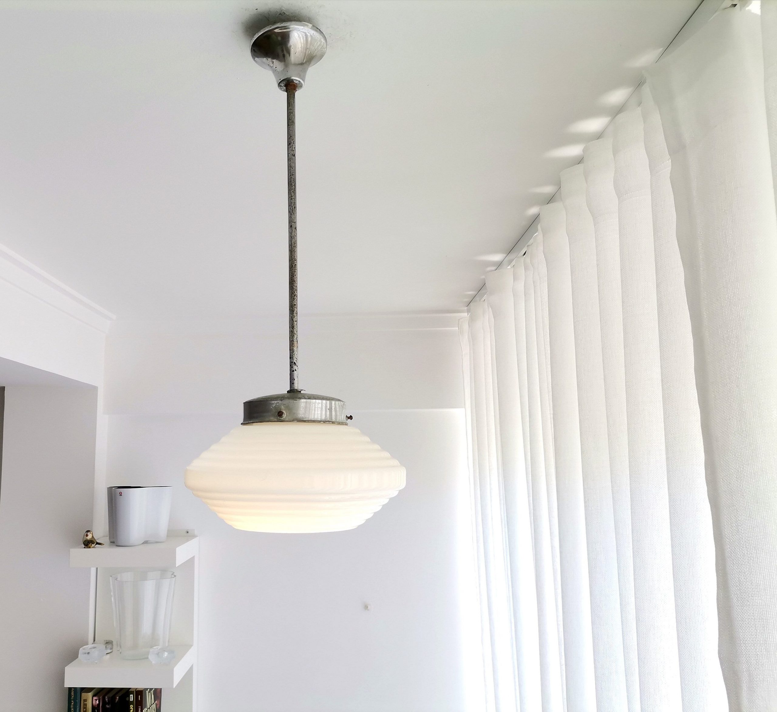 Mid Century opaline milk glass hanging lamp in Art Deco Style