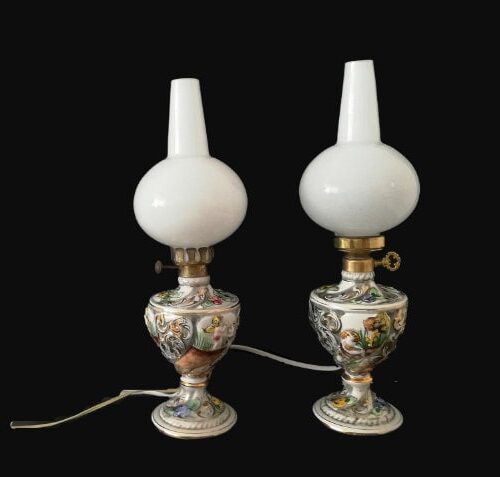 Pair Art Nouveau Ceramic Table Lamp Vintage Portuguese Pottery