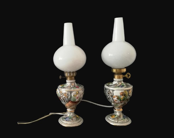 Pair Art Nouveau Ceramic Table Lamp Vintage Portuguese Pottery