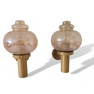 Pair large mid century wall lamp sconces in amber glass