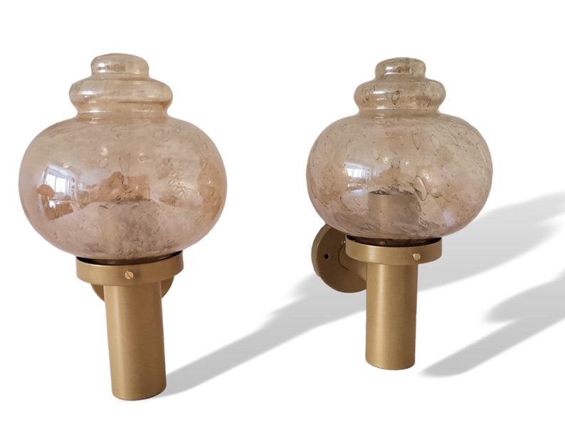 Pair large mid century wall lamp sconces in amber glass