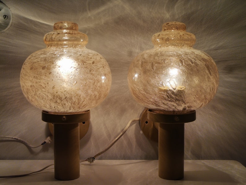 Pair large mid century wall lamp sconces in amber glass
