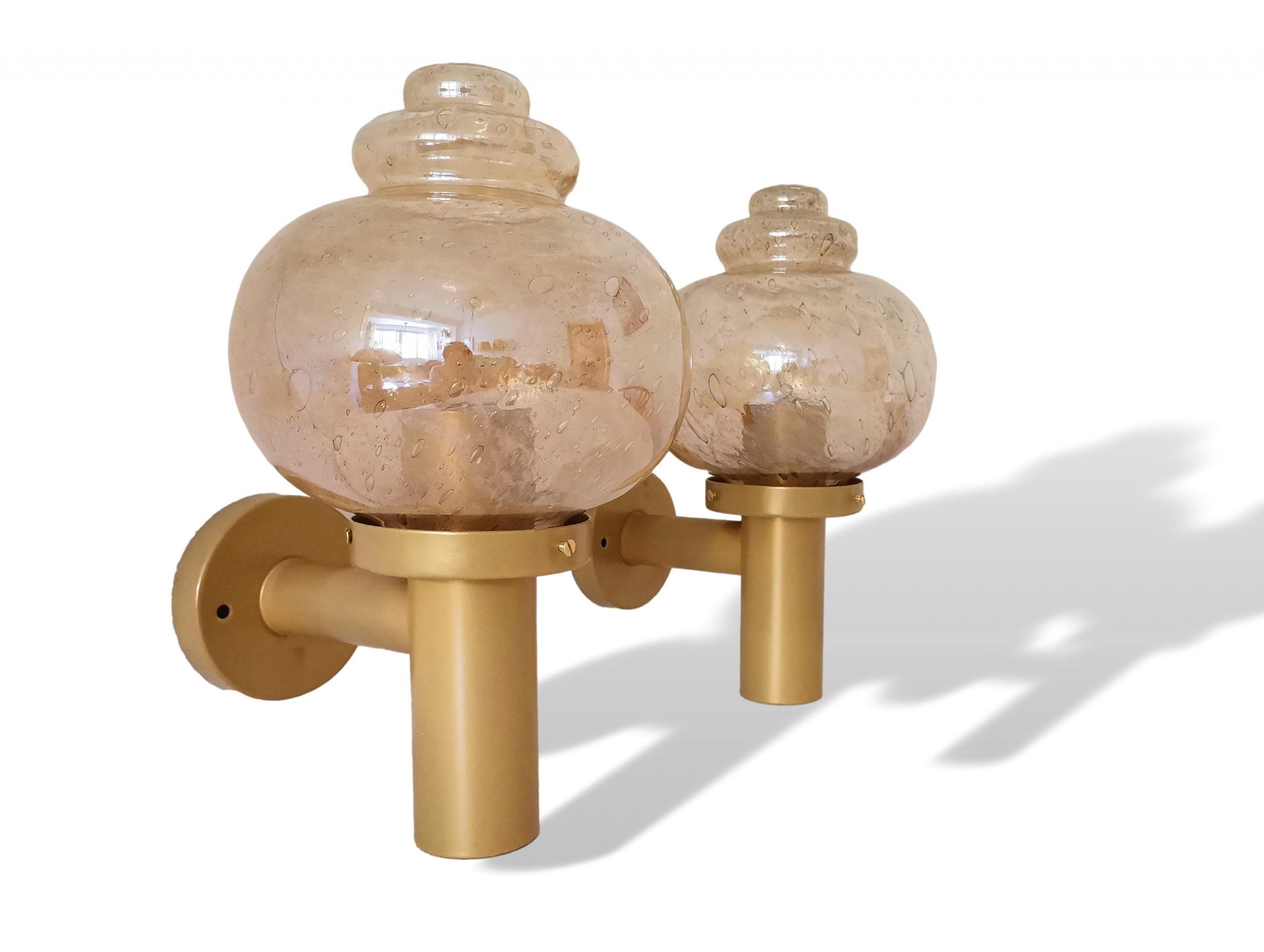 Pair large mid century wall lamp sconces in amber glass