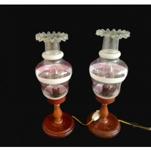 Pair Rustic Wooden Art Nouveau Bedside Lamps Farmhouse Lighting