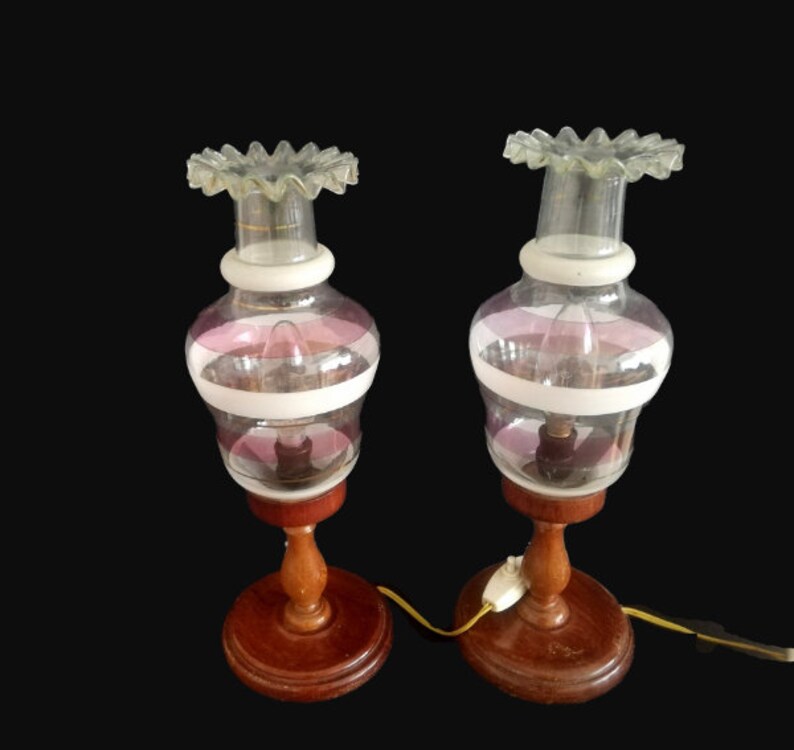 Pair Rustic Wooden Art Nouveau Bedside Lamps Farmhouse Lighting