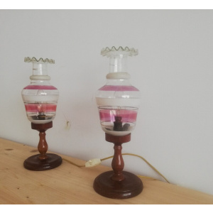 Pair Rustic Wooden Art Nouveau Bedside Lamps Farmhouse Lighting