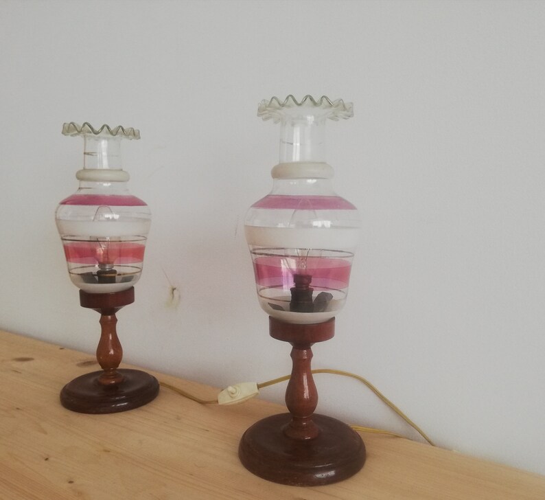 Pair Rustic Wooden Art Nouveau Bedside Lamps Farmhouse Lighting