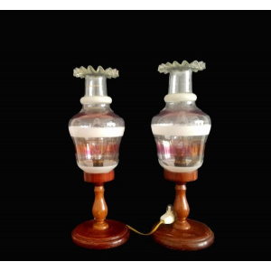 Pair Rustic Wooden Art Nouveau Bedside Lamps Farmhouse Lighting