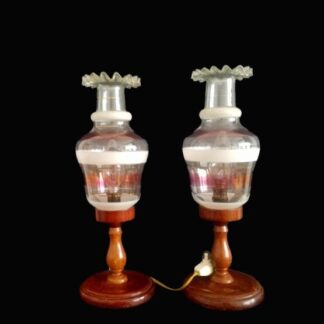 Pair Rustic Wooden Art Nouveau Bedside Lamps Farmhouse Lighting