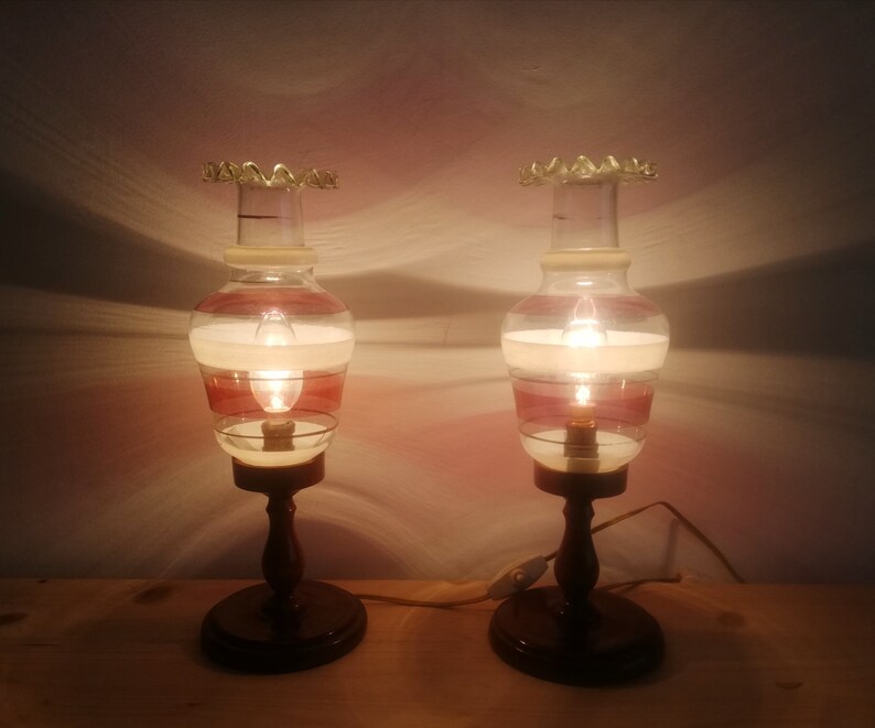 Pair Rustic Wooden Art Nouveau Bedside Lamps Farmhouse Lighting