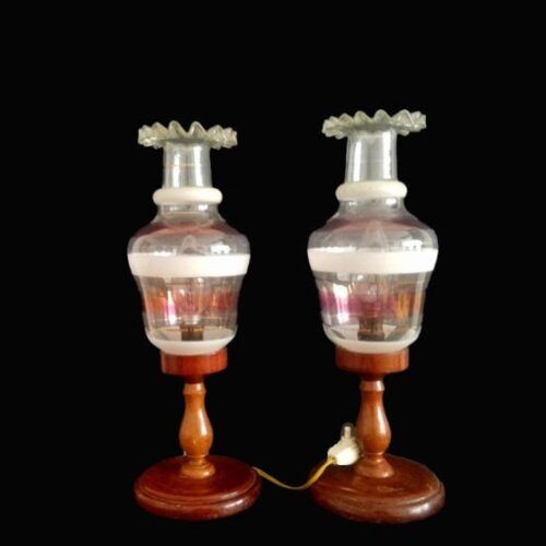 Pair Rustic Wooden Art Nouveau Bedside Lamps Farmhouse Lighting