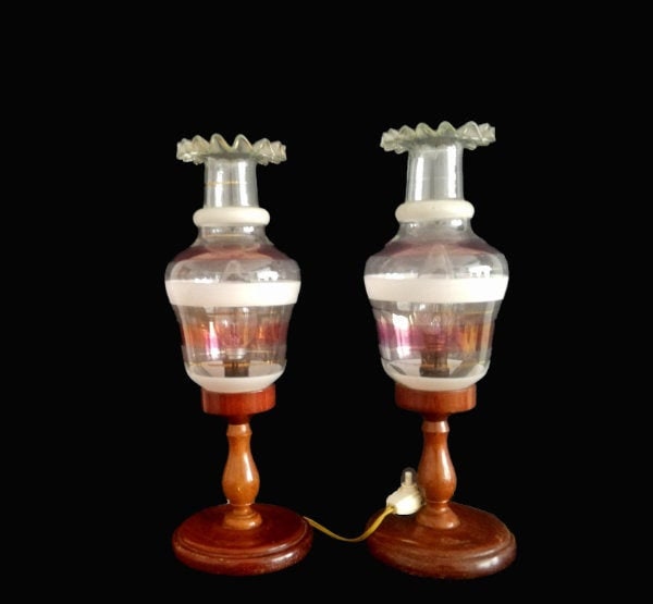 Pair Rustic Wooden Art Nouveau Bedside Lamps Farmhouse Lighting