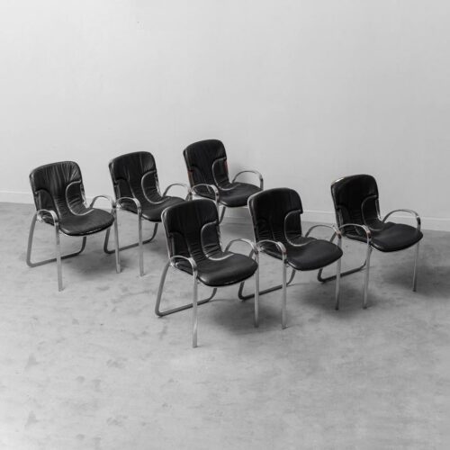 Set 6 Chairs Leather Metal Cidue Willy Rizzo 70s Vintage Modern